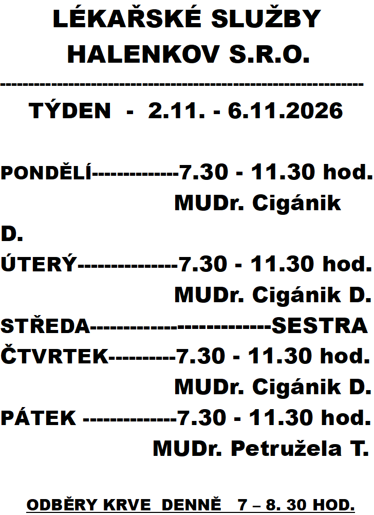Lékařské služby Halenkov 2.11. - 6.11.2026