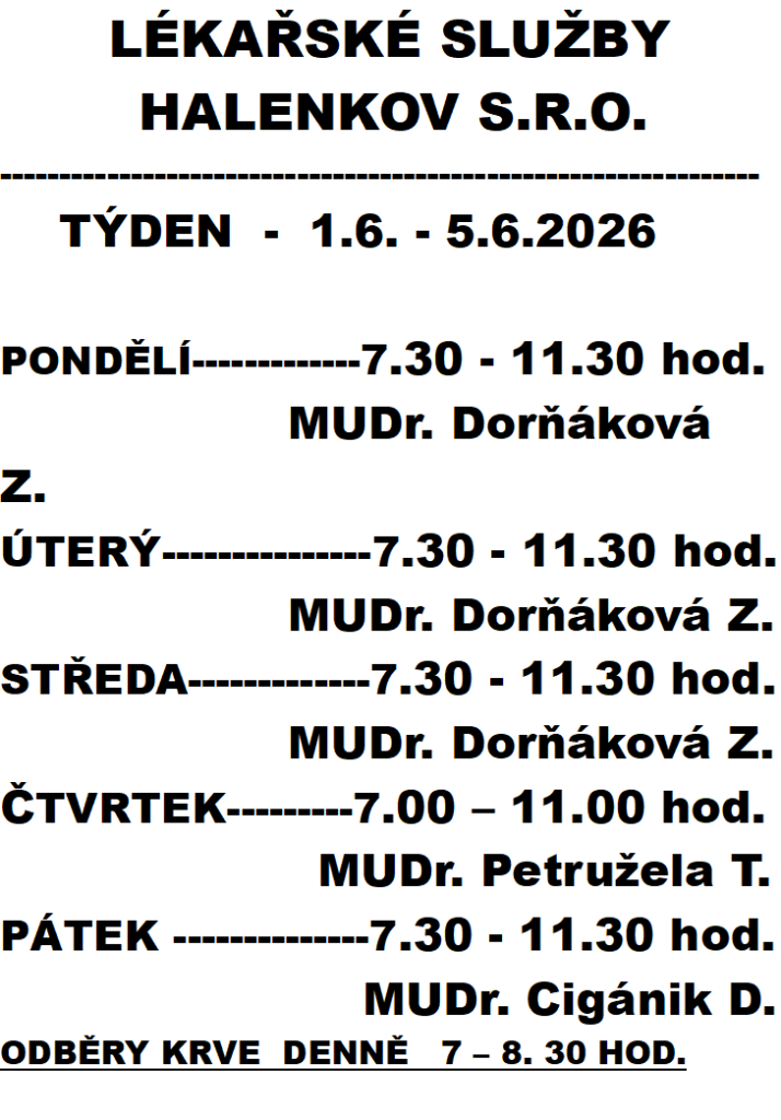 Lékařské sužby Halenkov 1.6. - 5.6.2026