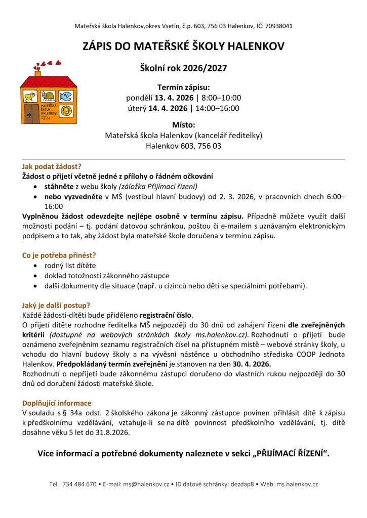 Zápis do&nbsp;MŠ Halenkov 2026/27