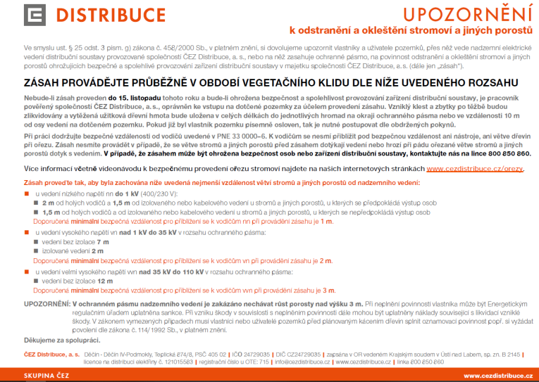 UPOZORNĚNÍ k odstranění a okleštění stromoví a jiných porostů