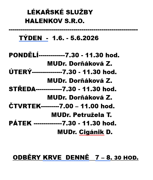 Lékařské sužby Halenkov  01.06.2026 - 05.06.2026