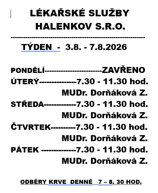 Lékařské služby Halenkov 03.08. - 07.08.2026