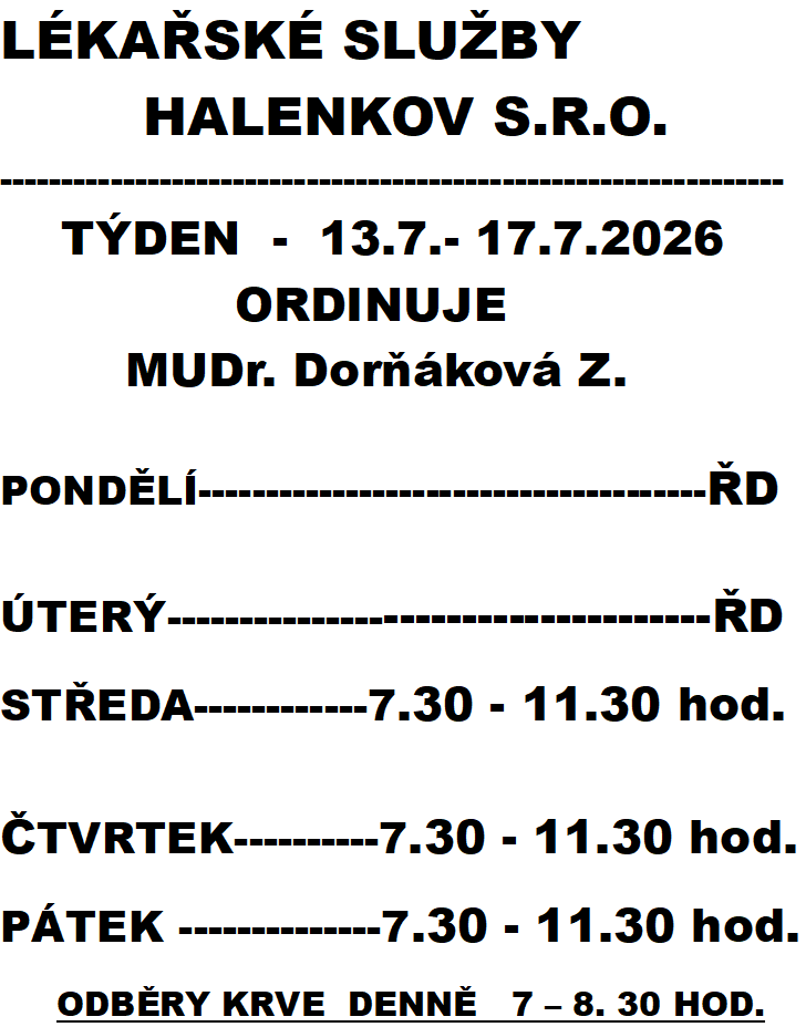 Lékařské služby Halenkov 13.7.- 17.7.2026