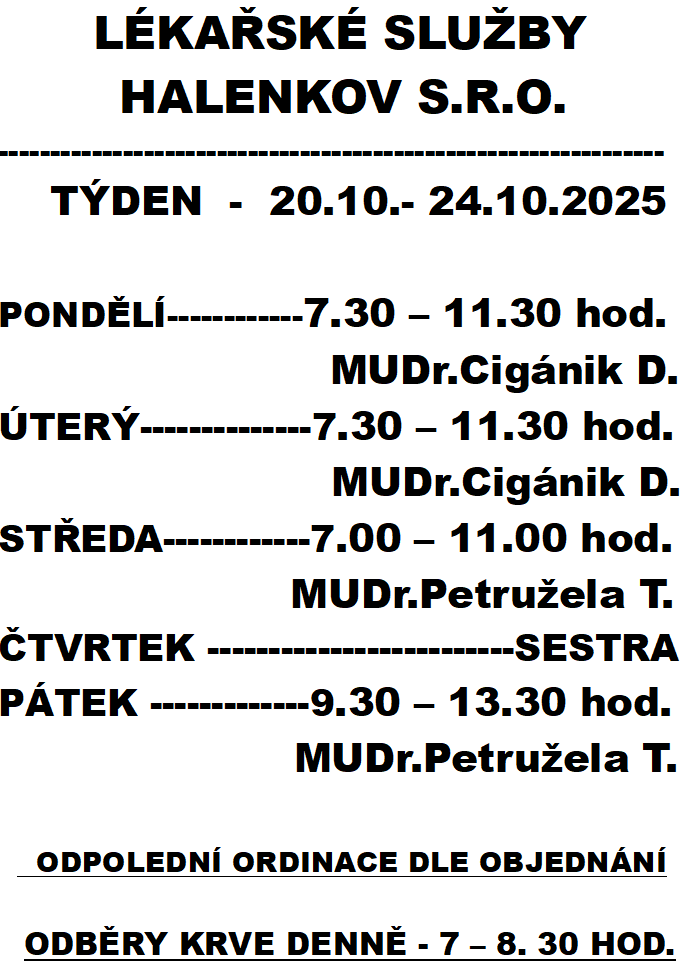 Lékařské služby Halenkov 20.10.- 24.10.2025