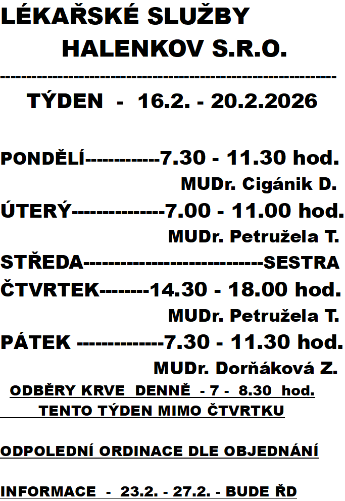 Lékařské služby Halenkov 16.2. - 20.2.2026